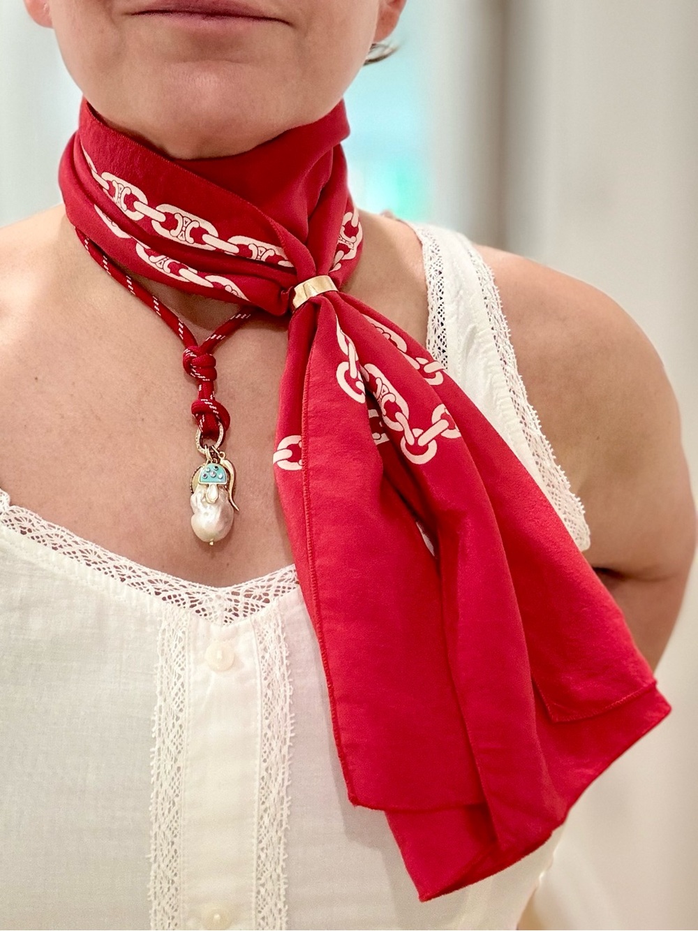 Celine Scarlet Chain Motif Silk Scarf